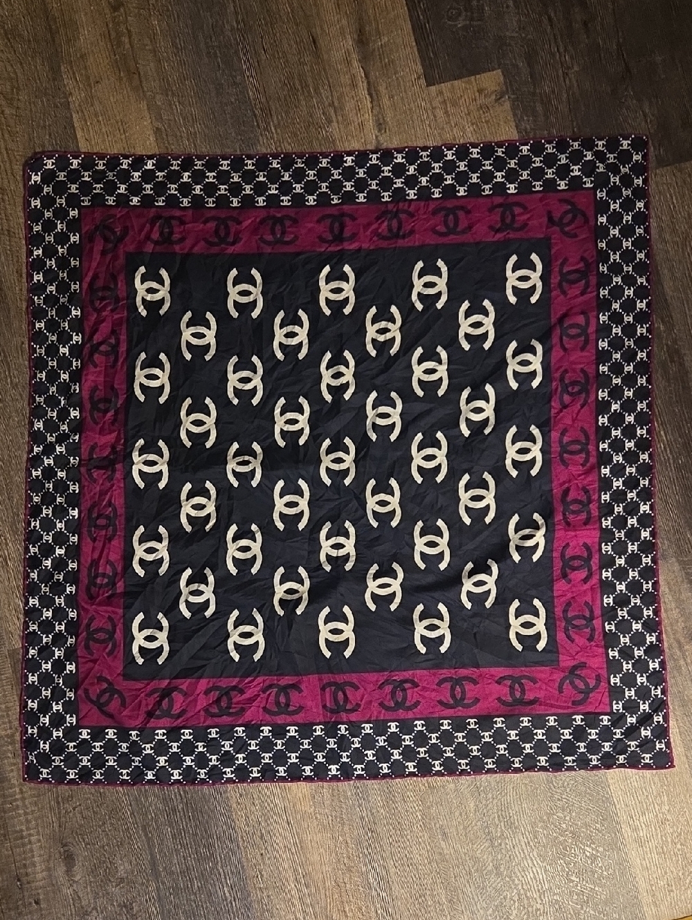 Chanel CC Monogram Navy Blue, White, Purple Silk Scarf 34x34 Inches